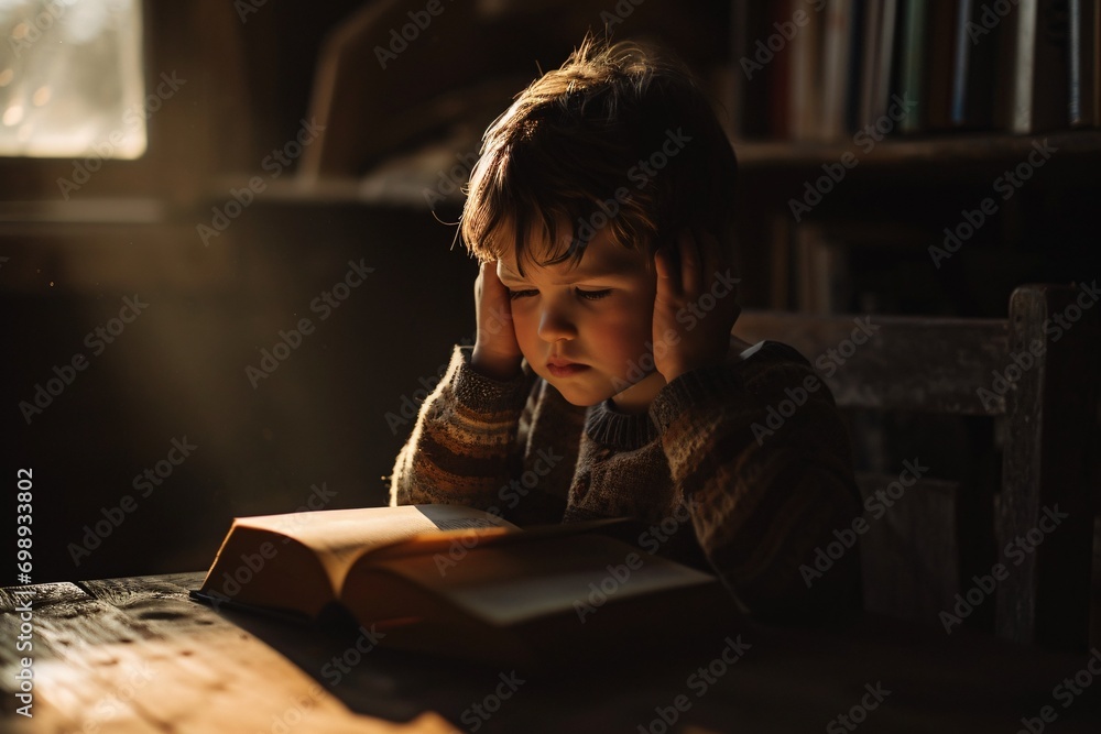 Little boy reading a book in a dark room Little boy reading a book in a dark room