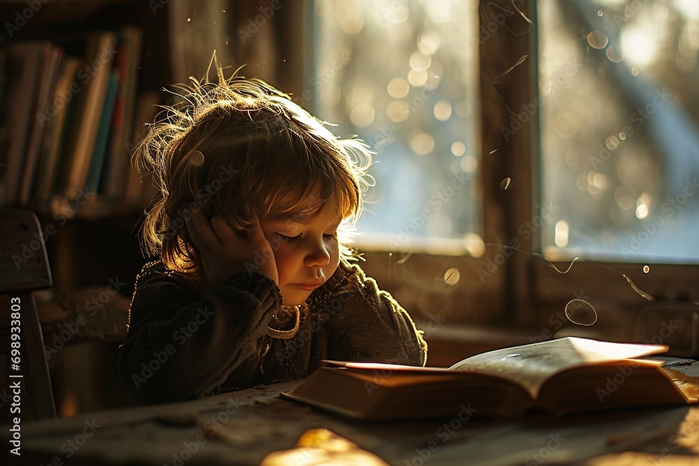 Little girl reading a book in a sunny room