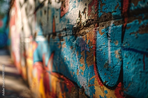 A colorful wall with peeling paint and graffiti © boopul