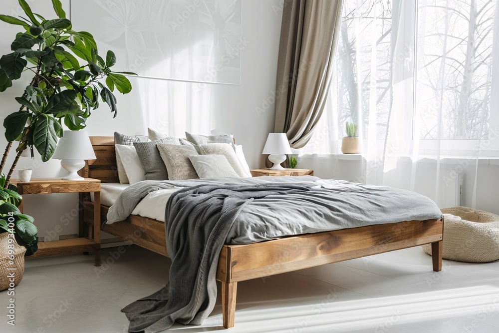 A large bed with a gray blanket and a potted plant on the windowsill. A large bed with a gray blanket and a potted plant on the windowsill.