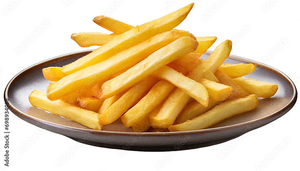 Golden French fries in a plate isolated on a transparent background. Golden French fries in a plate isolated on a transparent background.
