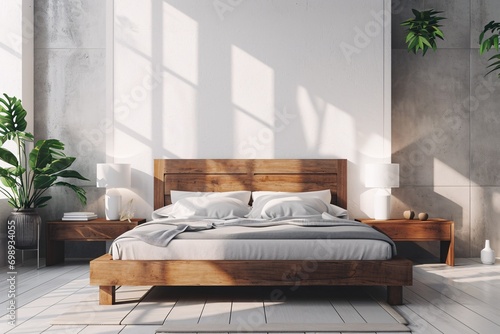 A large wooden bed with white sheets and pillows. photo