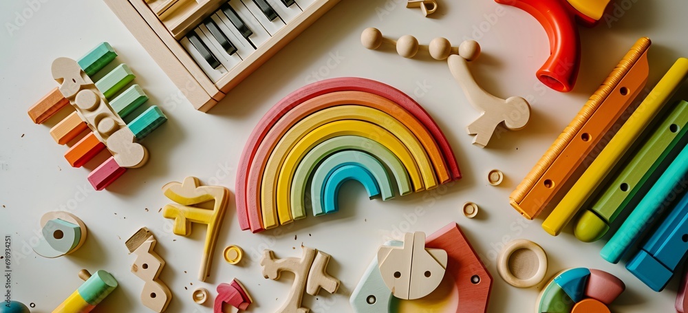 © Karan - A colorful wooden toy with a rainbow design.