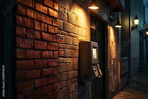 A brick wall with a parking meter on it. photo