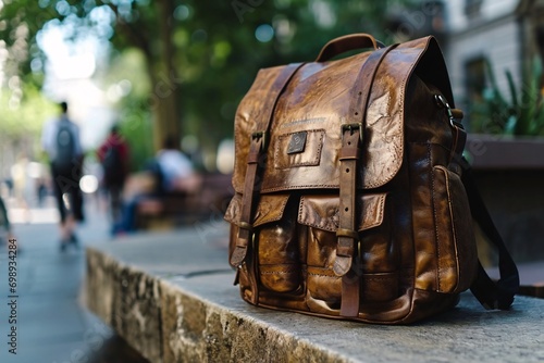 A brown leather backpack sitting on a stone bench.