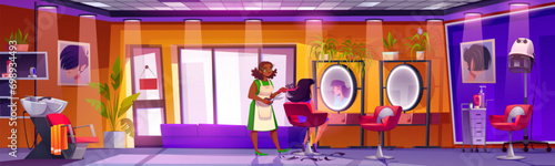 Beauty salon interior with woman stylist cuts female client hair. Cartoon vector hairdresser at workplace with furniture and cosmetic. Modern parlor inside with chair and mirror, sink and dryer.