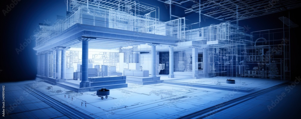 building blueprint plans and house model ,Generative AI - obrazy, fototapety, plakaty 