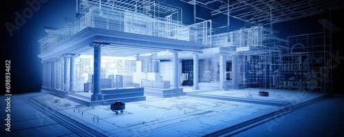 building blueprint plans and house model ,Generative AI photo