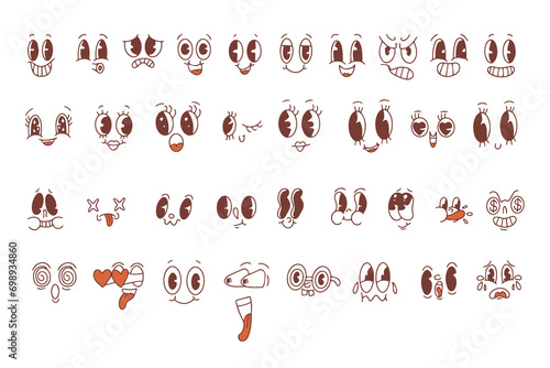 Set of retro cartoon mascot characters. Vintage funny faces with emotions of joy, fun, surprise or cunning. Funny avatars with big eyes and mouth. Vector 