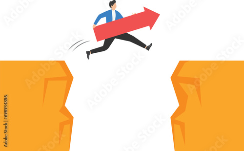 Businessman holding red arrow and jumping over cliffs. Concept business vector illustration.

