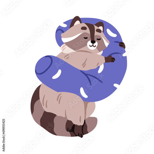 Cute raccoon asleep, sleeping on pillow. Funny forest animal character dreaming, napping, drowsing, relaxing, lying on cushion. Sweet slumber. Flat vector illustration isolated on white background