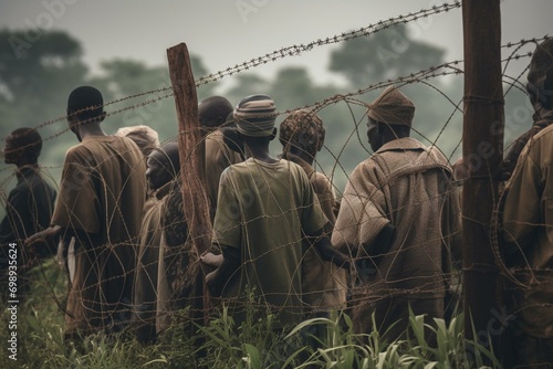 Refugees near fence in Uganda. Migration from Sub-Saharan Africa. Generative AI photo