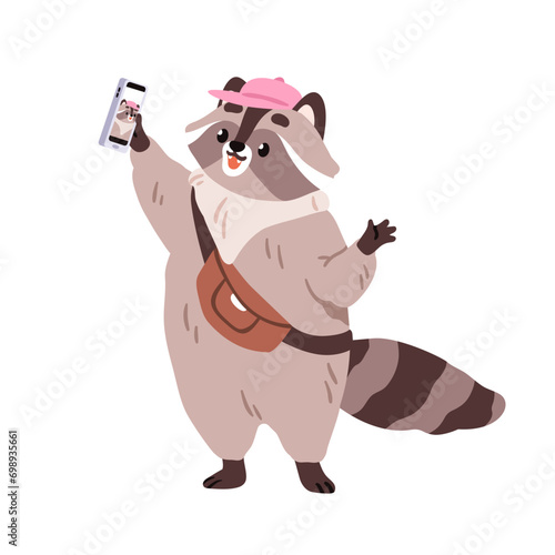 Raccoon recording video selfie, waving hi. Cute funny animal blogger with mobile phone. Racoon character taking photo with smartphone. Flat graphic vector illustration isolated on white background