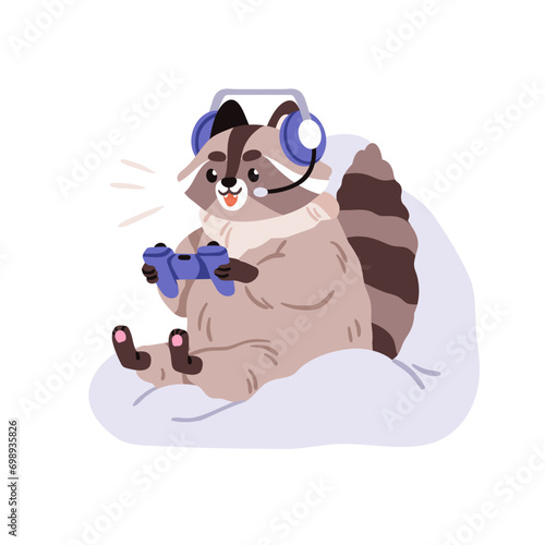 Cute funny raccoon playing video game. Happy gamer, excited animal character with console, controller during videogame entertainment, leisure. Flat vector illustration isolated on white background