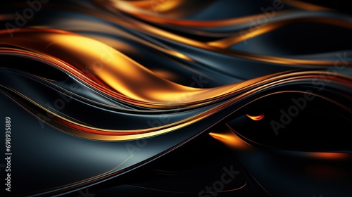 3D render of abstract wavy metallic background with glowing golden lines photo