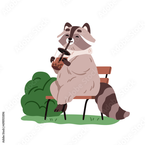 Cute raccoon drinking boba beverage, bubble tea. Happy funny animal character...