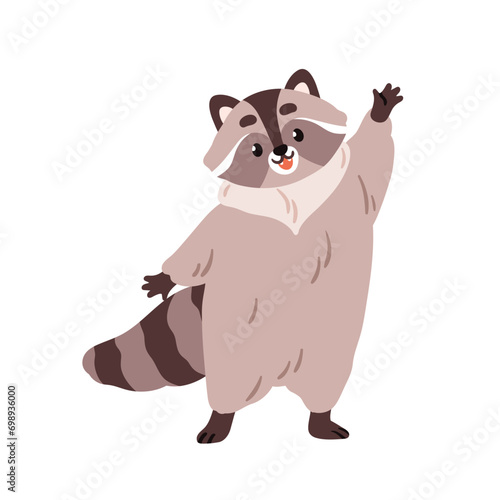 Cute raccoon waving with paw, greeting with hi, hello gesture. Happy smiling animal character welcoming. Friendly smiling joyful excited racoon. Flat vector illustration isolated on white background