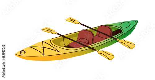 Double tandem kayak with paddles. Sport boat with oars for rafting, rowing, surfing on water. Adventure vessel, transport for leisure activity. Flat vector illustration isolated on white background