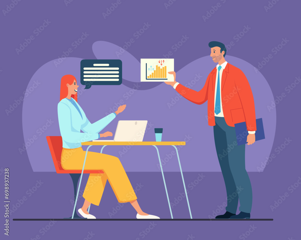 Man showing financial report with bar chart to female executive manager. Vector illustration. Businesswoman working on laptop in office. Business, meeting, leadership concept