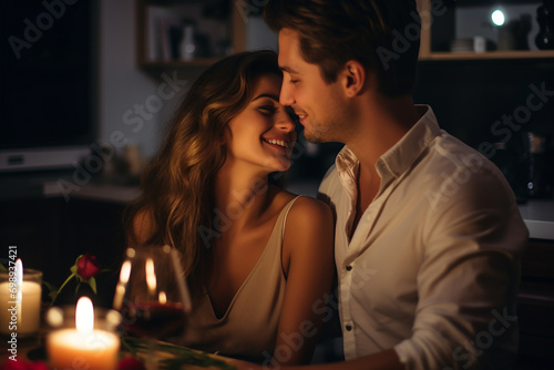 Young lady with her gorgeous man have romantic dinner