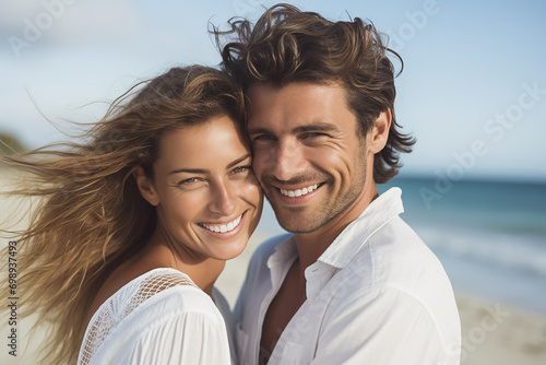 Portrait of a happy and loving young couple enjoying a day at beach in summer