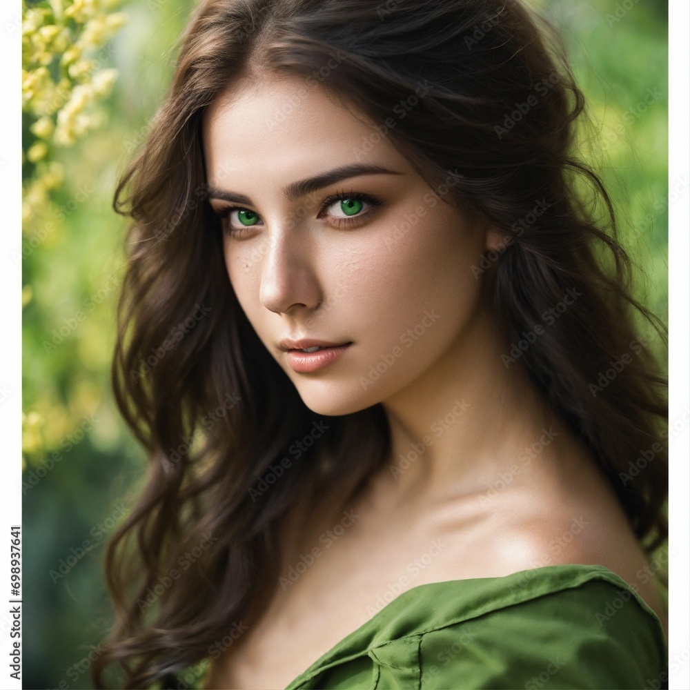 young brunette woman, fine noble face and green eyes, a scar on her cheek young brunette woman, fine noble face and green eyes, a scar on her cheek