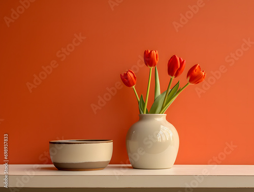 Wallpaper Mural Tulips on a pot of water and a table in front of an orange wall Torontodigital.ca