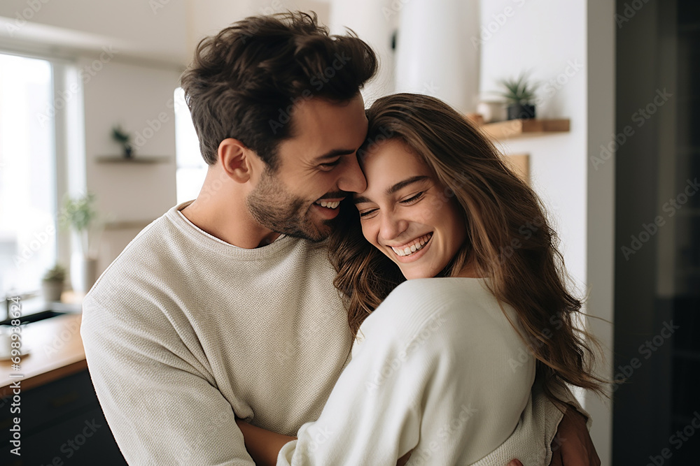 Portrait of two beautiful people in love smiling with closed eyes tender man touching his attractive girlfriend