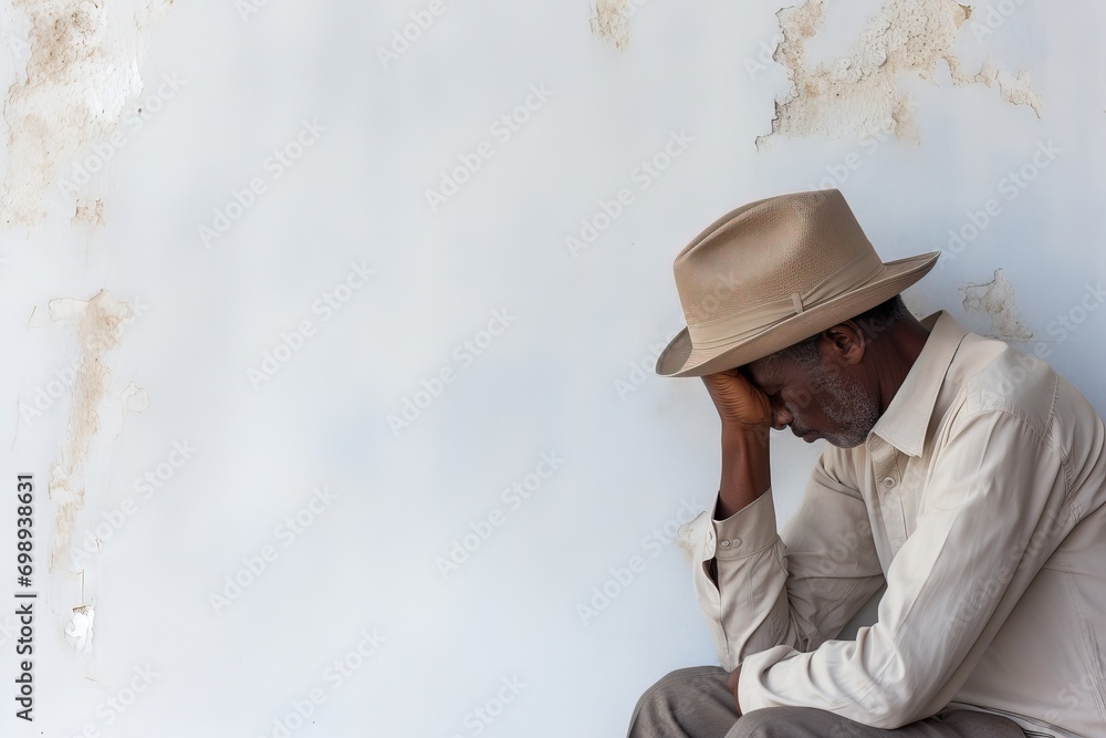 A man sitting aganst a white wall with his eyes closed Generative AI A man sitting aganst a white wall with his eyes closed Generative AI