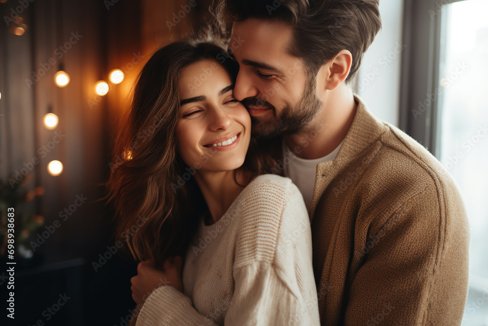 Portrait of two beautiful people in love smiling with closed eyes tender man touching his attractive girlfriend Portrait of two beautiful people in love smiling with closed eyes tender man touching his attractive girlfriend