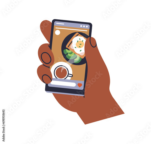 Watching social media, network stories in food blog. Hand holding mobile phon...