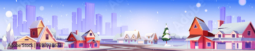 Suburban landscape in winter - cold season snowy cartoon vector cityscape with countryside house on street with yards and trees, road and driveway against silhouette of city multistory buildings.