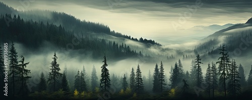 Evergreen forest foggy, Generative AI