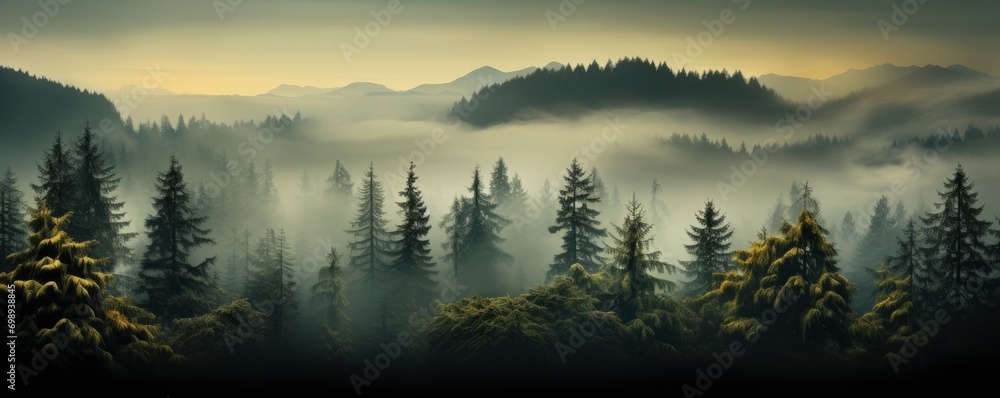 Fototapeta premium Evergreen forest foggy, Generative AI