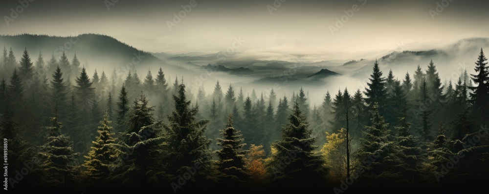 Evergreen forest foggy, Generative AI Evergreen forest foggy, Generative AI