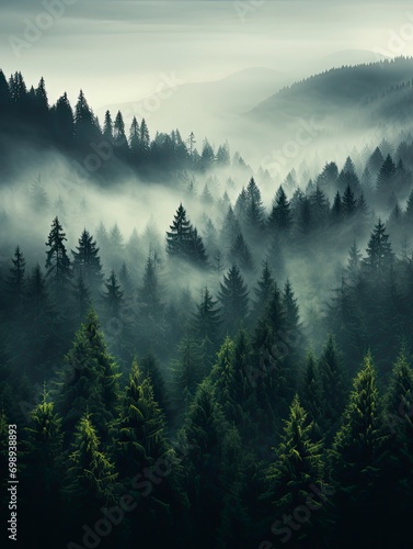 Evergreen forest foggy, Generative AI