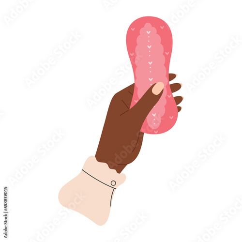 African black female hand holds daily pad for girls period. Hygiene care in period