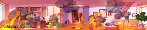 Fire inside of house or apartment - panoramic home interior. Horizontal burning room with entrance door and stairs, home office workplace with computer on desk and cabinet, lounge area under fire.