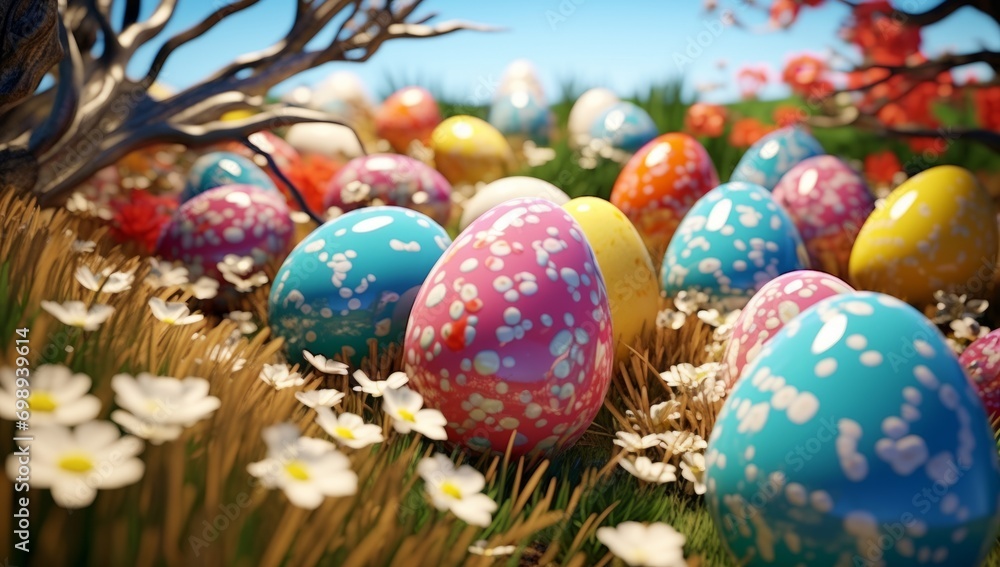 Easter Eggs in Bright Colorful Flowers and Grass Easter Eggs in Bright Colorful Flowers and Grass