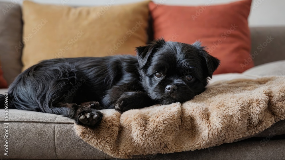 Affenpinscher dog lying on sofa in living room Affenpinscher dog lying on sofa in living room
