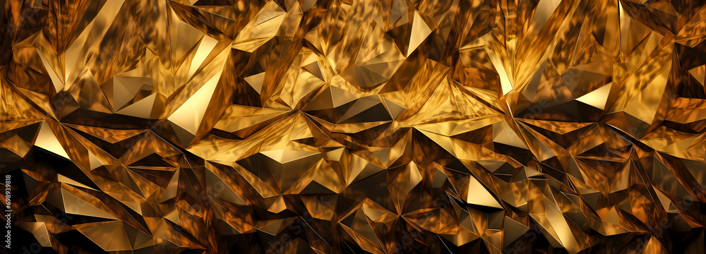 3D pattern of many gold triangles with a mix of light and dark shades, creating a textured, luxurious, and dynamic surface - obrazy, fototapety, plakaty 
