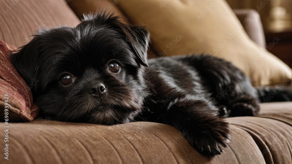 Affenpinscher dog lying on sofa in living room Affenpinscher dog lying on sofa in living room