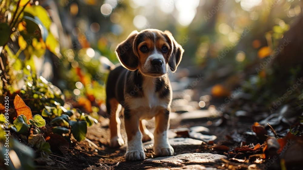 Beagle puppy standing on a park walkway in the sunlight