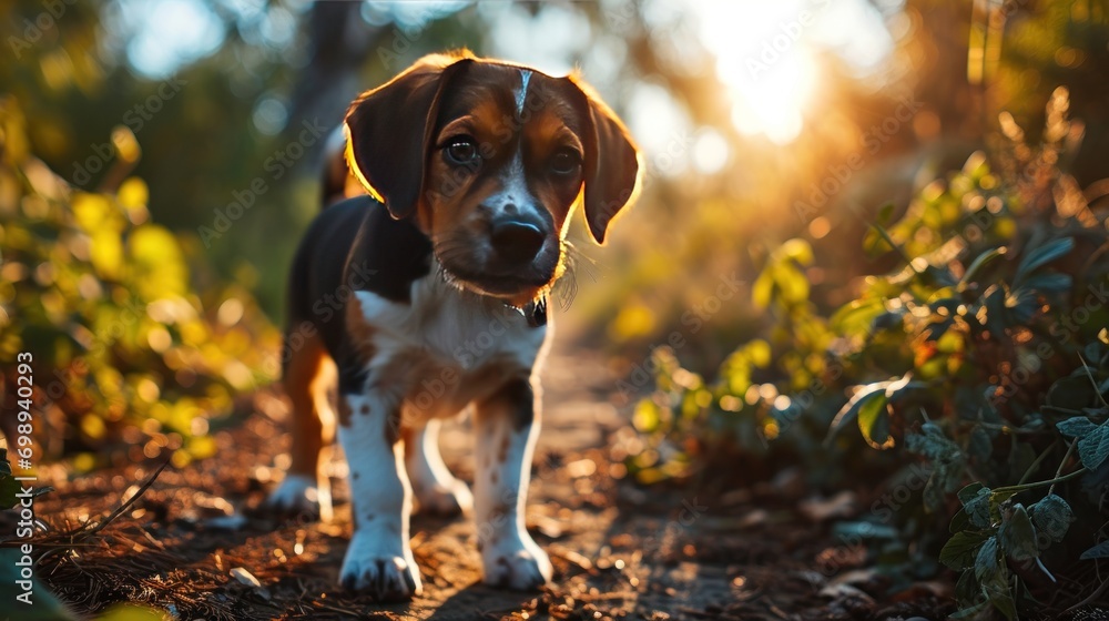 Beagle puppy standing on a park walkway in the sunlight