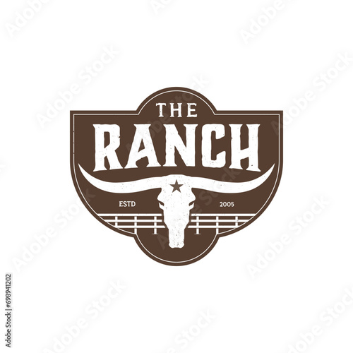 Texas Longhorn Cattle Ranch Countryside Western Farm vintage rustic Label Logo Design
