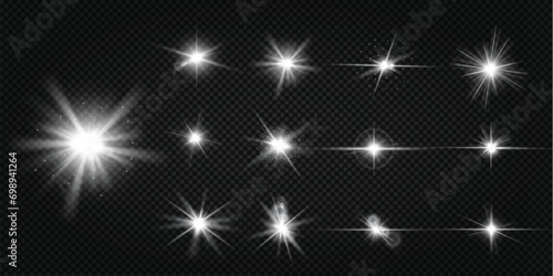 Glowing light bursts with sparkles. Glow light effect set, lens flare, explosion, glitter, line, sun flash, spark and star. Abstract image of lighting flare and white stars. Vector illustration.

