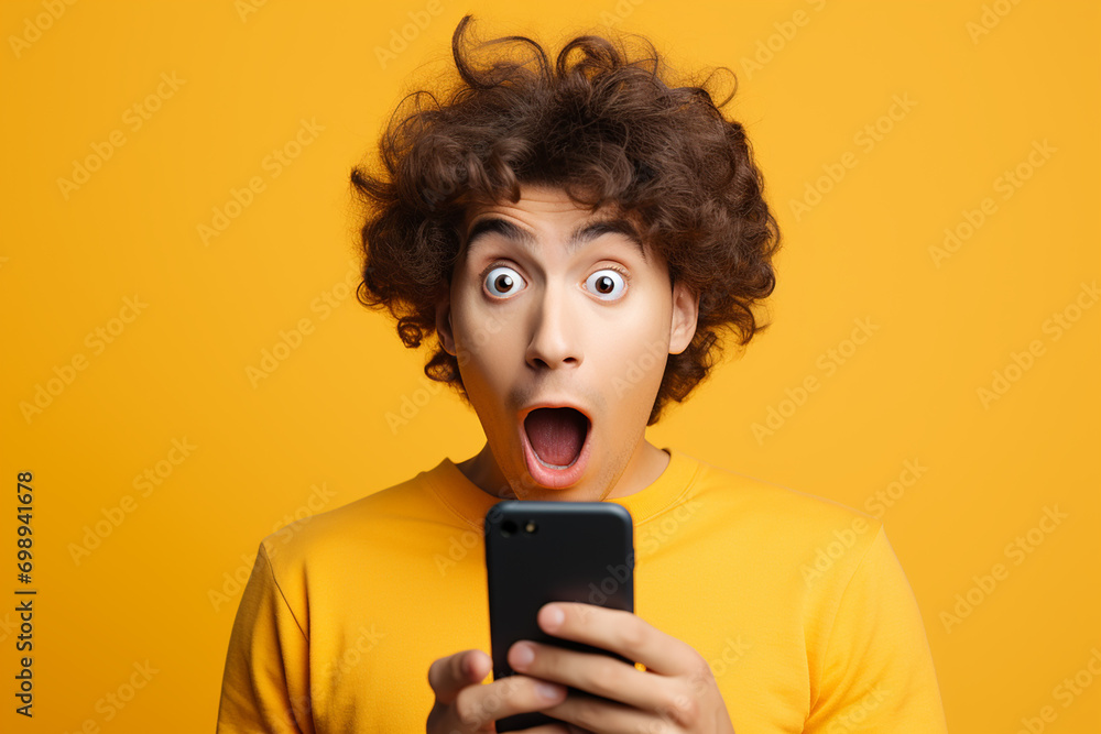 excited happy man wear casual clothes hold in hand use mobile isolated on yellow background
