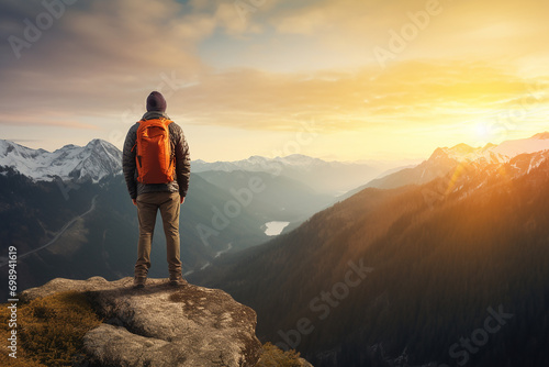 Hiker with a backpack standing on the top of the mountain travel concept © Uzair