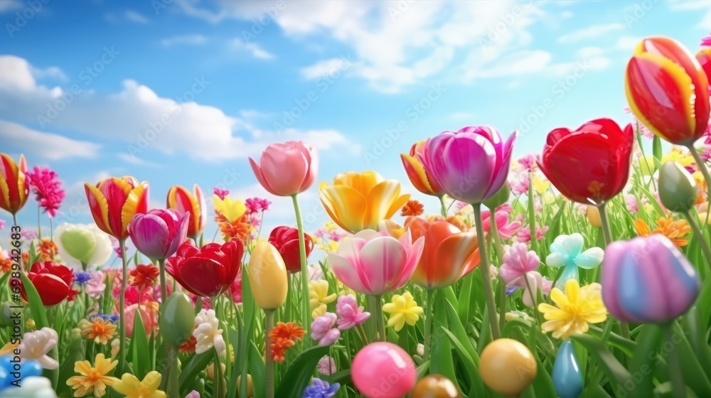 Beautiful tulip field aesthetic scenery background. Blooming Tulip garnden, Colorful flowers, Spring time