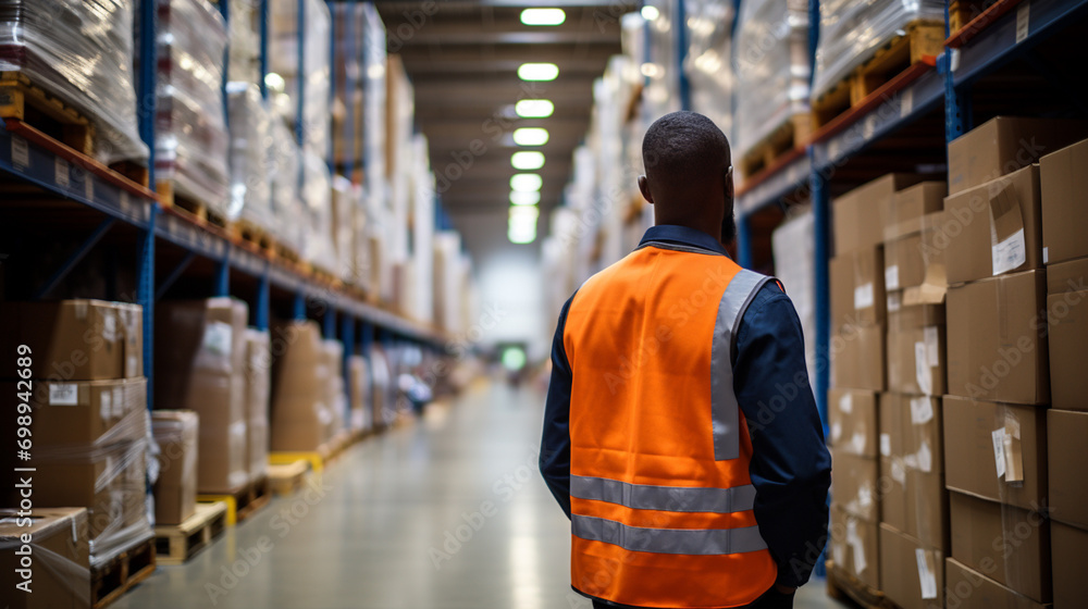 Handsome man professional worker wearing safety vest, Big warehouse with shelves full of stock Handsome man professional worker wearing safety vest, Big warehouse with shelves full of stock